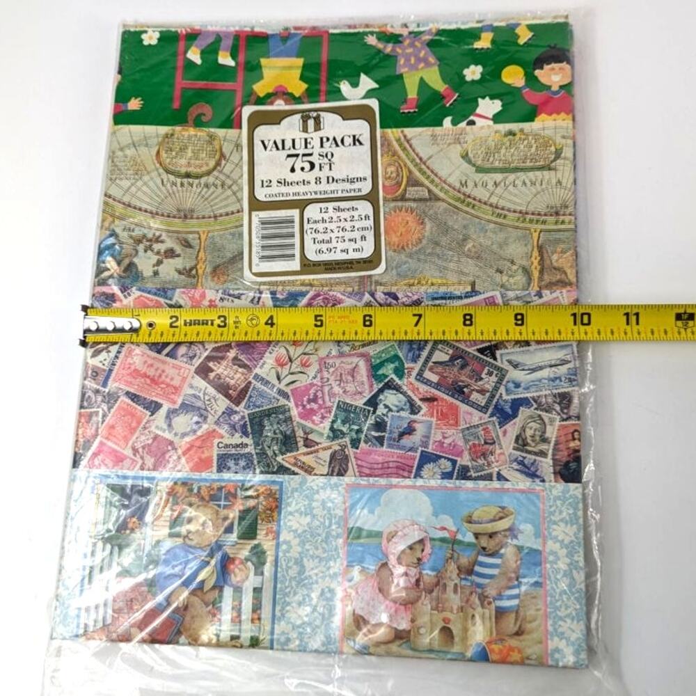 Vtg Holiday Wrapping Paper 12 Sheets 75 Sq Ft Automobiles Stamps Kids Music Map - Picture 13 of 13